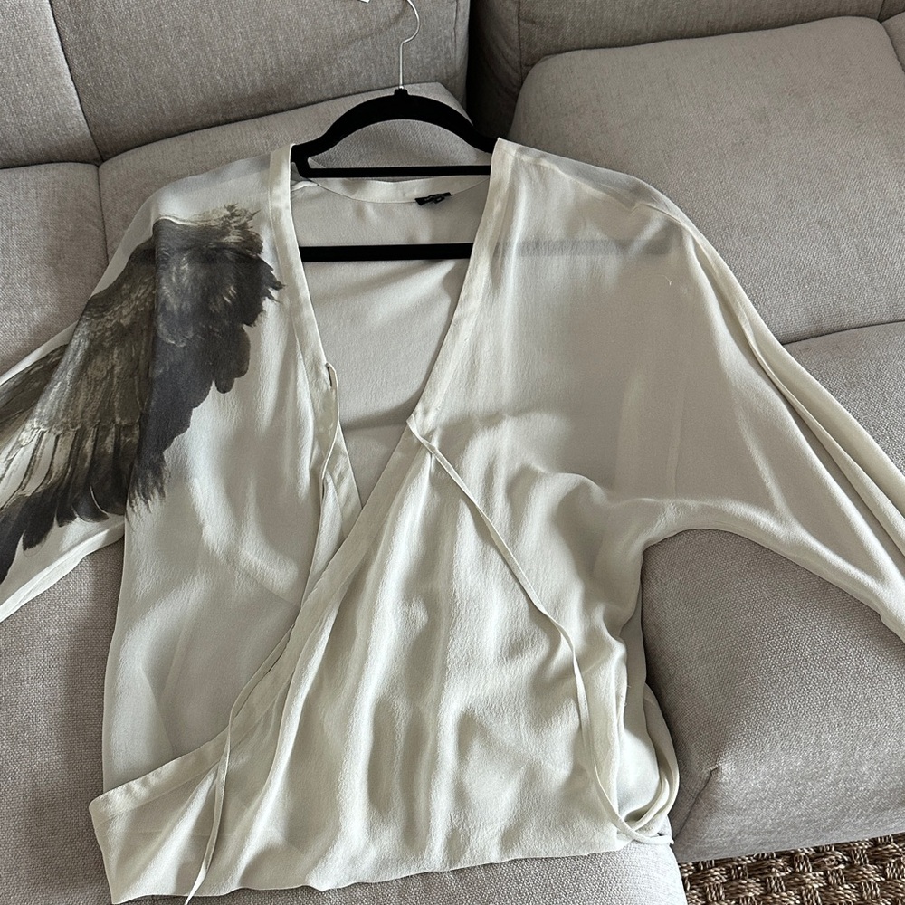 Elegant Cream Silk Wrap Top with Artistic Print (on 1 sleeve)